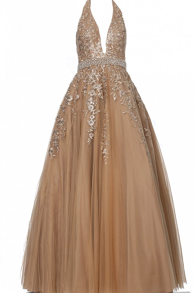 JVN00923 Gold Floral embroidered tulle prom ballgown, floor length full skirt, crystal embellished belt at waist, sleeveless bodice with halter plunging neckline, half back.