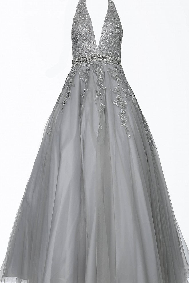 JVN00923 Silver Floral embroidered tulle prom ballgown, floor length full skirt, crystal embellished belt at waist, sleeveless bodice with halter plunging neckline, half back.