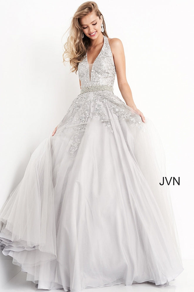 Jovani JVN00923 Long tulle A Line Prom Dress Ballgown. Plunging Deep V Neckline with a floral Lace embroidered bodice with embellishments cascading into the lush A Line skirt. Crystal rhinestone waist belt. Halter Neckline.  JVN by Jovani Prom Dress, Pageant Gown, Evening Gown.
