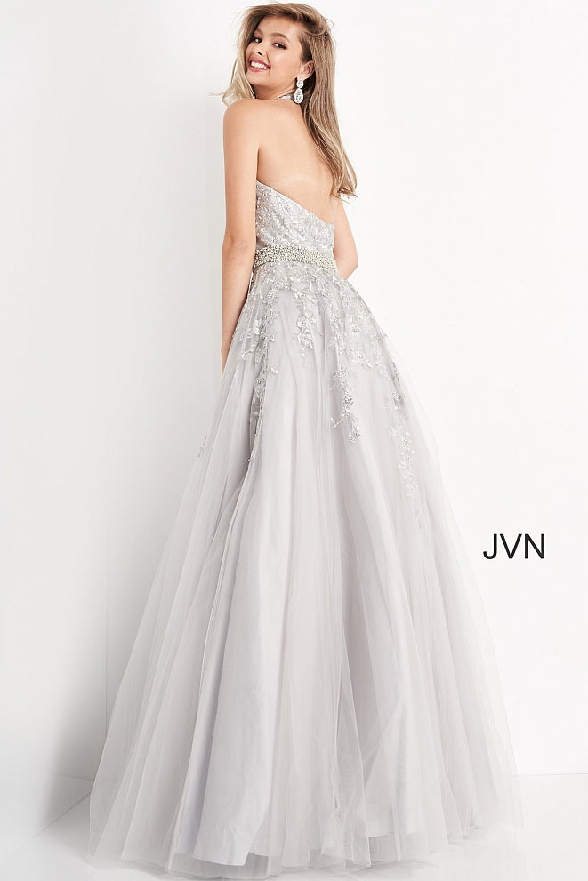 Jovani JVN00923 Long tulle A Line Prom Dress Ballgown. Plunging Deep V Neckline with a floral Lace embroidered bodice with embellishments cascading into the lush A Line skirt. Crystal rhinestone waist belt. Halter Neckline.  JVN by Jovani Prom Dress, Pageant Gown, Evening Gown.