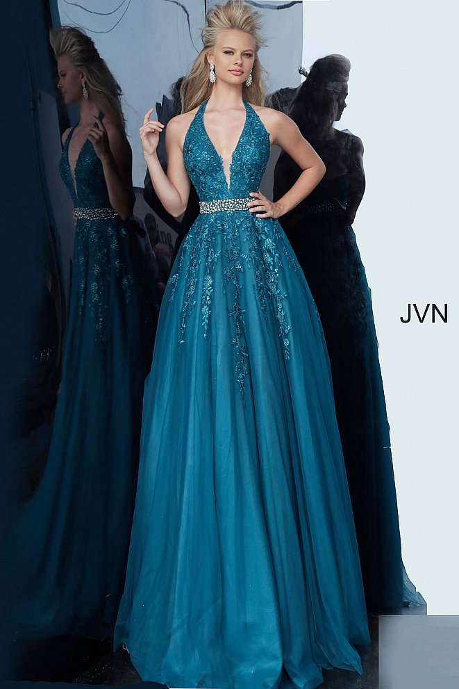 Jovani JVN00923 Long Embellished Lace Ballgown Prom Dress Crystal Belt  Halter Plunging