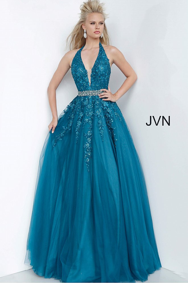 JVN00923 Teal Floral embroidered tulle prom ballgown, floor length full skirt, crystal embellished belt at waist, sleeveless bodice with halter plunging neckline, half back.