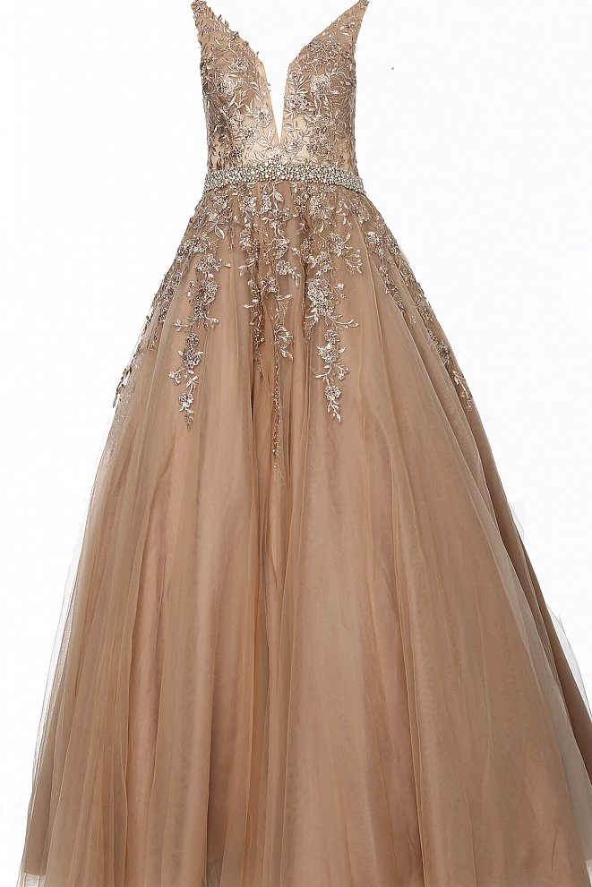 JVN00925 Gold Floral embroidered prom dress ballgown, crystal-embellished belt at waist, sleeveless bodice, deep V neck, V back evening gown pageant dress 