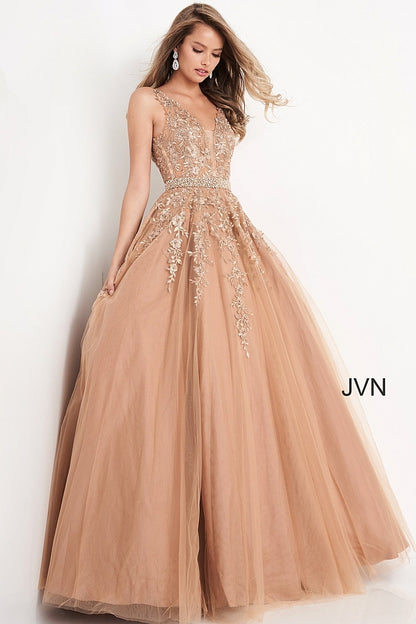 Jovani JVN00925 Size 4 Gold Embellished Lace Ball Gown Prom Dress Plunging neckline