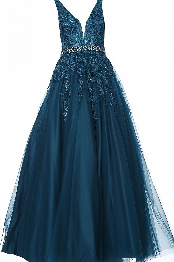 JVN00925 Teal Floral embroidered prom dress ballgown, crystal-embellished belt at waist, sleeveless bodice, deep V neck, V back evening gown