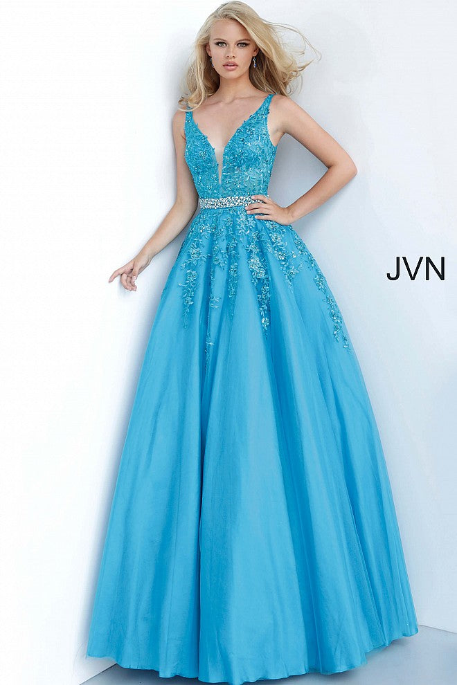 Jovani JVN00925 Embellished Lace Ball Gown Prom Dress Plunging necklin ...