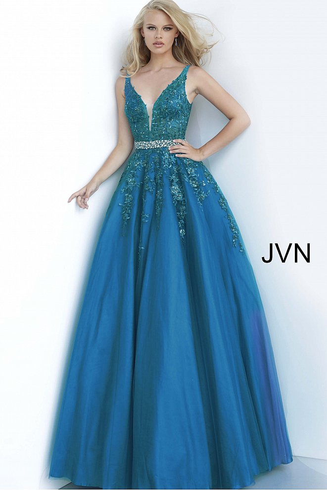 JVN00925 Teal Floral embroidered prom dress ballgown, crystal-embellished belt at waist, sleeveless bodice, deep V neck, V back evening gown