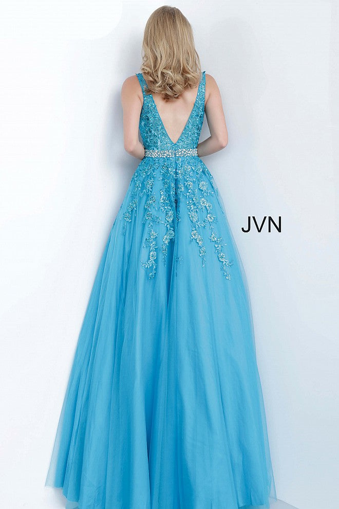 JVN00925 Turquoise Floral embroidered prom dress ballgown, crystal-embellished belt at waist, sleeveless bodice, deep V neck, V back evening gown