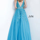 JVN00925 Turquoise Floral embroidered prom dress ballgown, crystal-embellished belt at waist, sleeveless bodice, deep V neck, V back evening gown