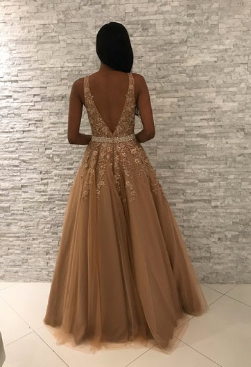 JVN00925 Gold Floral embroidered prom dress ballgown, crystal-embellished belt at waist, sleeveless bodice, deep V neck, V back evening gown pageant dress 