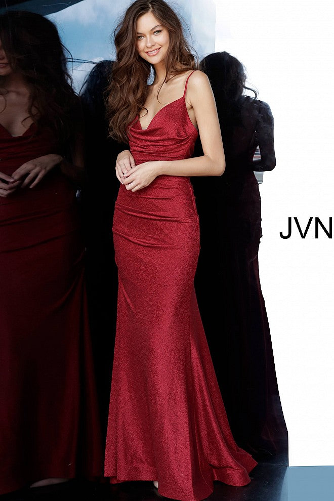 JVN by Jovani 00967 Burgundy Fitted Shimmer Long Prom Dress Ruched cowl neckline satin evening gown 
