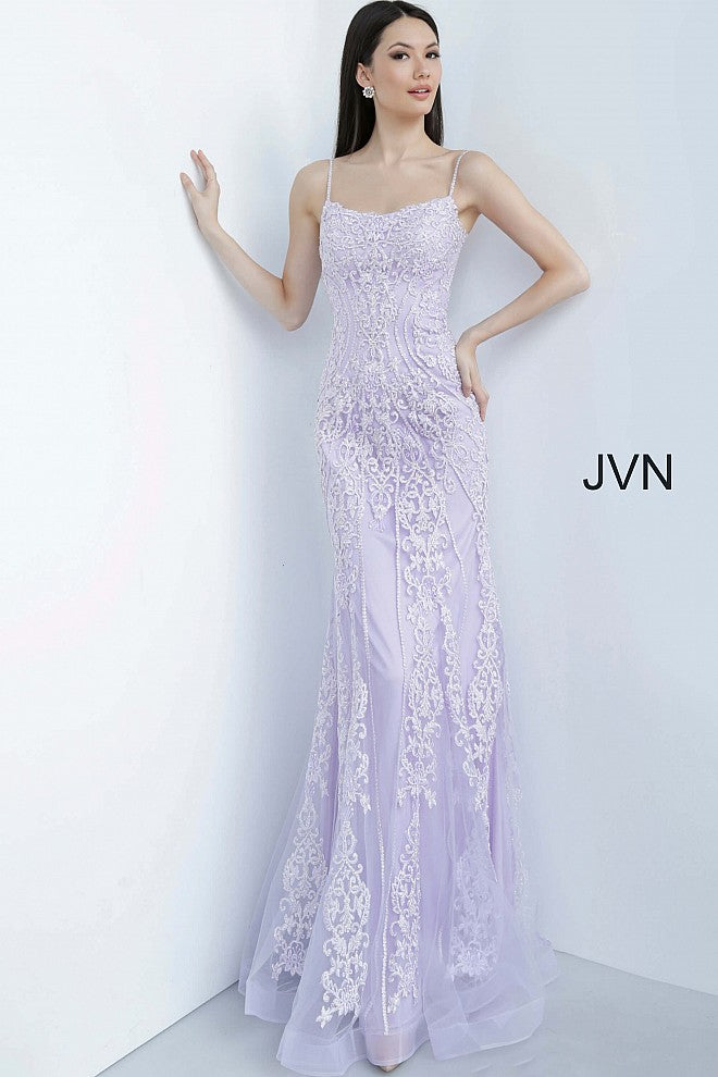 JVN02012 lilac lace fit and flare long bridesmaids prom dress evening gown Jovani JVN02012 is a long Fitted embroidered lace Prom Dress featuring a modest neckline with spaghetti straps. Corset back ensures a perfect fit & a touch of class. Embroidered lace cascades down the bodice or the dress into the tulle edge skirt. Lace up corset back. JVN 02012  Available Colors: lilac, royal, wine  Available Sizes: 00, 0, 2, 4, 6, 8, 10, 12, 14, 16, 18, 20, 22, 24 