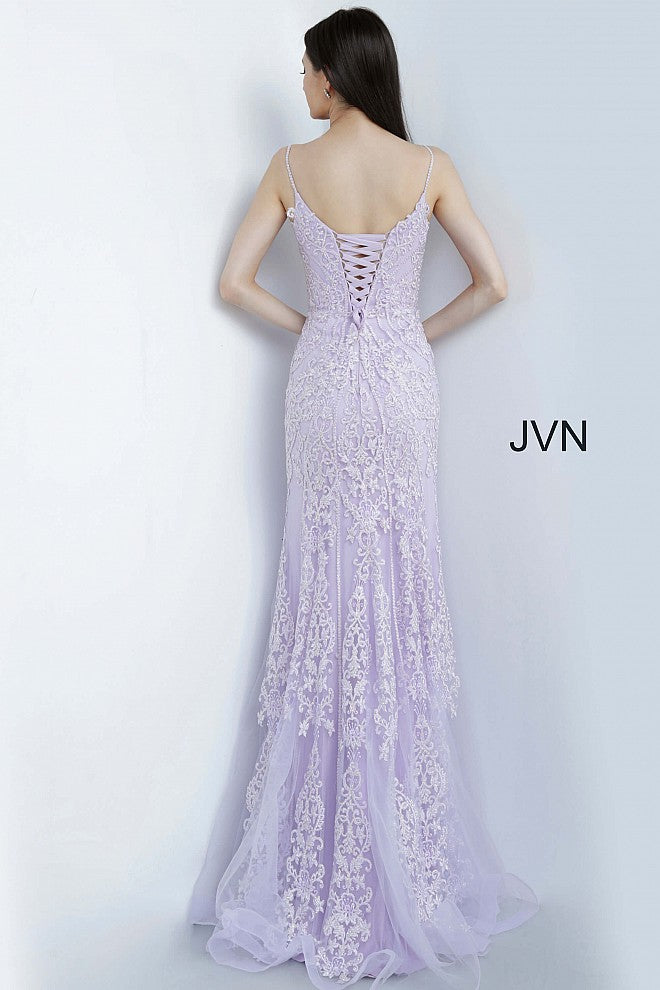 JVN02012 lace up corset back fully lace bridesmaids evening gown prom dress lilacJovani JVN02012 is a long Fitted embroidered lace Prom Dress featuring a modest neckline with spaghetti straps. Corset back ensures a perfect fit & a touch of class. Embroidered lace cascades down the bodice or the dress into the tulle edge skirt. Lace up corset back. JVN 02012  Available Colors: lilac, royal, wine  Available Sizes: 00, 0, 2, 4, 6, 8, 10, 12, 14, 16, 18, 20, 22, 24 