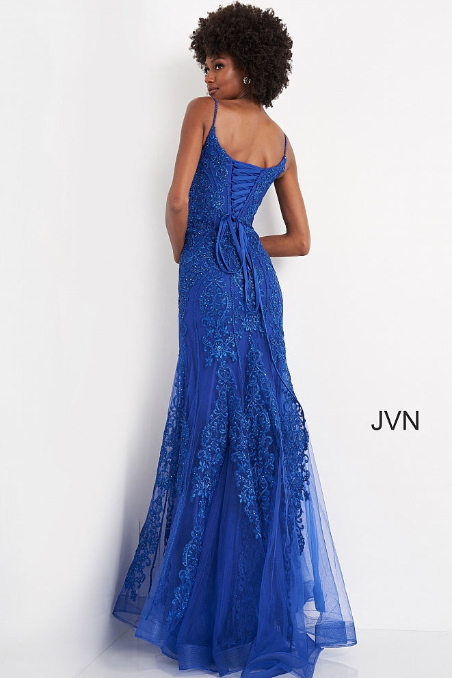 Jovani JVN02012 is a long Fitted embroidered lace Prom Dress featuring a modest neckline with spaghetti straps. Corset back ensures a perfect fit & a touch of class. Embroidered lace cascades down the bodice or the dress into the tulle edge skirt. Lace up corset back. JVN 02012  Available Colors: lilac, royal, wine  Available Sizes: 00, 0, 2, 4, 6, 8, 10, 12, 14, 16, 18, 20, 22, 24 