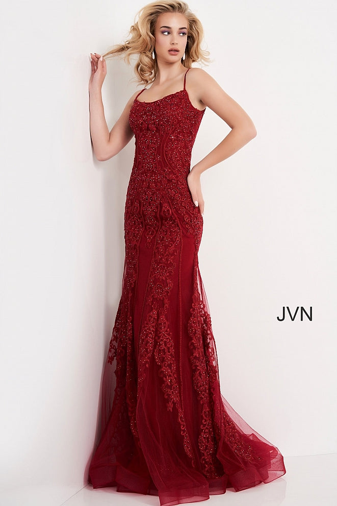 Jovani JVN02012 is a long Fitted embroidered lace Prom Dress featuring a modest neckline with spaghetti straps. Corset back ensures a perfect fit & a touch of class. Embroidered lace cascades down the bodice or the dress into the tulle edge skirt. Lace up corset back. JVN 02012  Available Colors: lilac, royal, wine  Available Sizes: 00, 0, 2, 4, 6, 8, 10, 12, 14, 16, 18, 20, 22, 24 