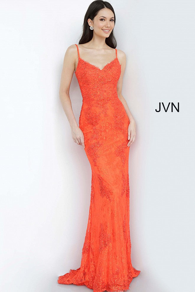 JVN by Jovani 02013 Orange Red is a long fitted prom dress with embellished lace. Flared skirt with fitted bodice. eyelash lace along the sweetheart neckline with spaghetti straps. Absolutely stunning evening gown