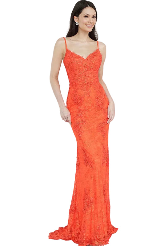 JVN by Jovani JVN02013 orange-red fitted lace prom dress with spaghetti straps and open scoop back