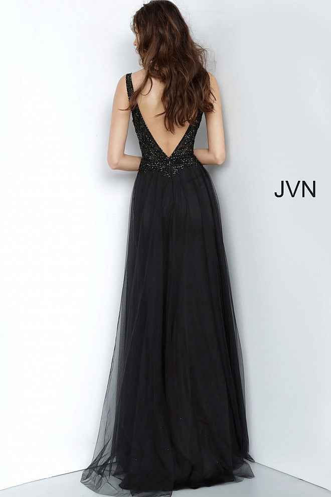 JVN 02253 is a long fitted Prom Dress with a sheer Embellished bodice with a Deep V Plunging Neckline with a mesh insert. Features an open V Back. Fitted Skirt has a tulle overlay overskirt with embellishments cascading from the bodice to add a soft transition. Great pageant gown or Dress for any formal event!