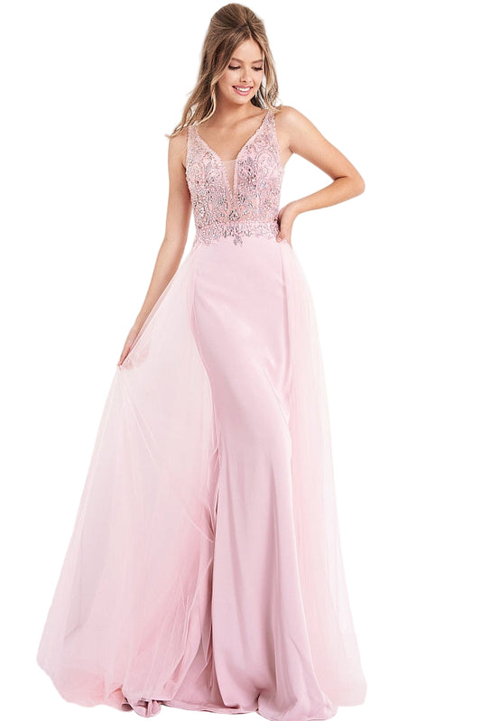 Jovani JVN02253 is a long fitted Prom Dress with a sheer Embellished bodice with a Deep V Plunging Neckline with a mesh insert. Features an open V Back. Fitted Skirt has a tulle overlay overskirt with embellishments cascading from the bodice to add a soft transition. Great pageant gown or Dress for any formal event! JVN 02253