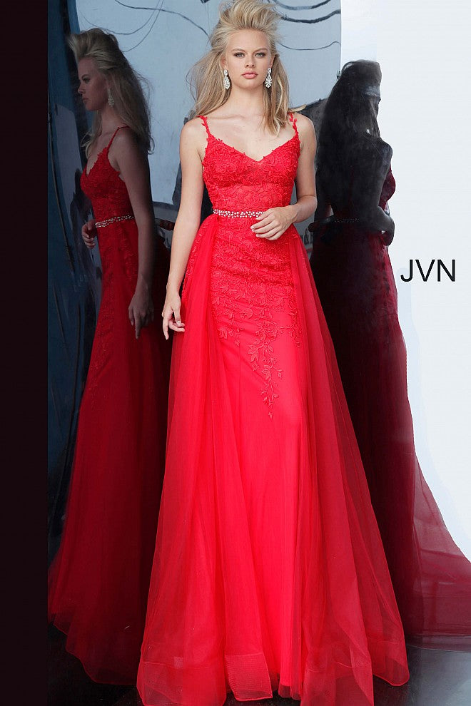 JVN by Jovani 02260 Red Floral lace prom dress, fitted floor length skirt with tulle over skirt, crystal embellished thin belt at waist, fitted sleeveless bodice with V neck, Spaghetti straps over shoulders, open back.