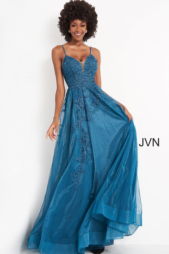 Jovani JVN02266 plunging v neckline embroidered lace A line prom dress, pageant gown evening dress with lace that flows down the long A line skirt.  JNV by Jovani 02266 Prom Dress, Evening Gown  Available colors:  Red, Teal, White  Available sizes:  00, 0, 2, 4, 6, 8, 10, 12, 14, 16, 18, 20, 22, 24