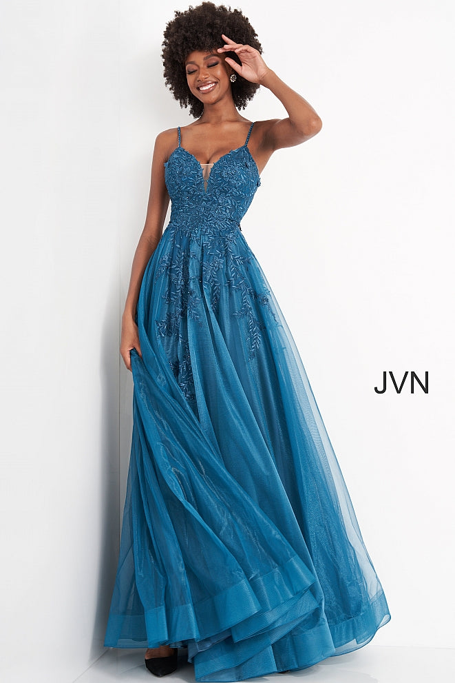 Jovani JVN02266 plunging v neckline embroidered lace A line prom dress, pageant gown evening dress with lace that flows down the long A line skirt.  JNV by Jovani 02266 Prom Dress, Evening Gown  Available colors:  Red, Teal, White  Available sizes:  00, 0, 2, 4, 6, 8, 10, 12, 14, 16, 18, 20, 22, 24