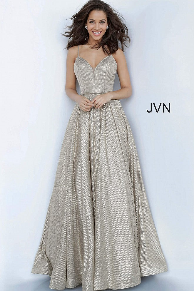 JVN02317 v neckline a line metallic gold nude prom dress evening gown pageant dress 