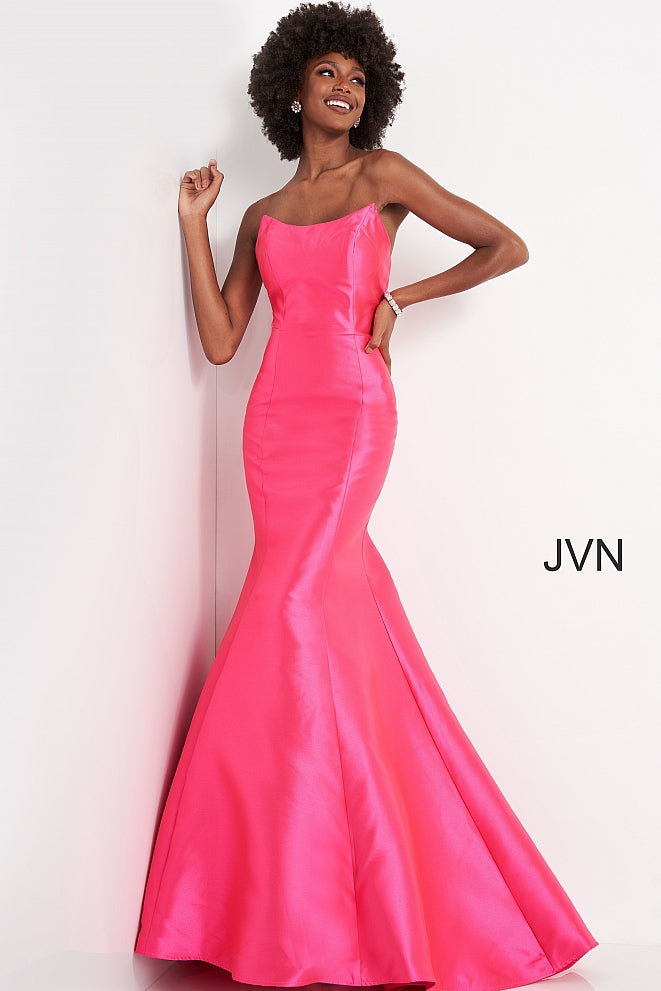 Jovani JVN02365 is a Gorgeous Long Fitted Mikado Formal Evening Gown. This Pageant Dress Features a Stunning mermaid silhouette with a trumpet skirt and sweeping train. This Pageant Ready Style Feature a strapless scoop peak neckline. This Gown stuns when paired with an OverSkirt! JVN 02365 Glass Slipper Formals