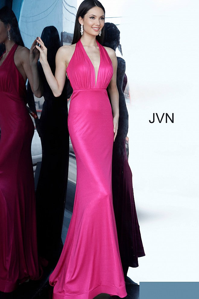 JVN02378 Fuchsia Stretch fabric, form fitting silhouette, floor length high waist skirt with sweeping train, sleeveless bodice with open back, halter plunging v neck, ruching at bust and low back