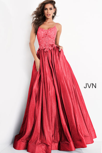 JVN03038 Red Prom Dress sheer lace bodice shimmer iridescent ball gown size 4