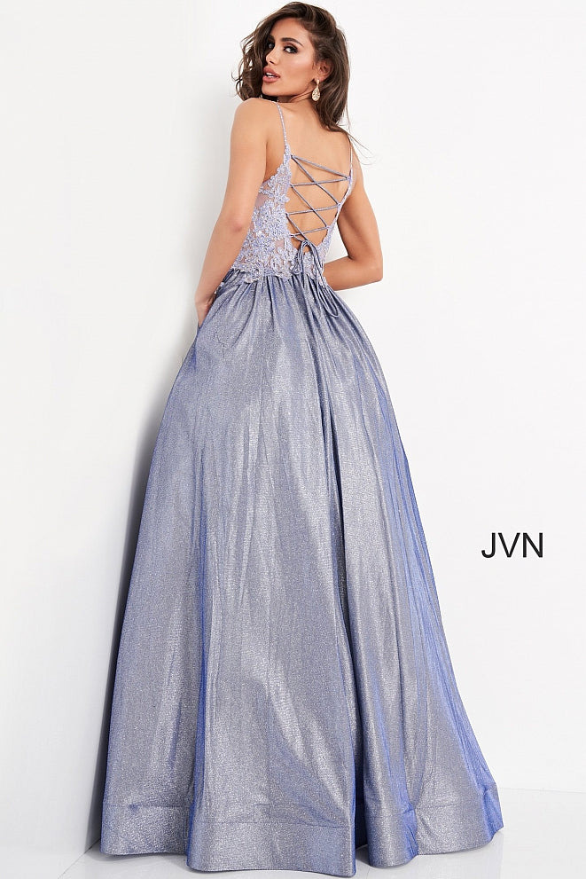 JVN03038 sheer embellished embroidered lace bodice scoop neckline with spaghetti straps, lace up corset open back shimmer iridescent long prom dress ball gown with pockets Colors:  Nude, Perri, Red  Sizes:  00, 2, 4, 6, 8, 10, 12, 14, 16, 18, 20, 22, 24