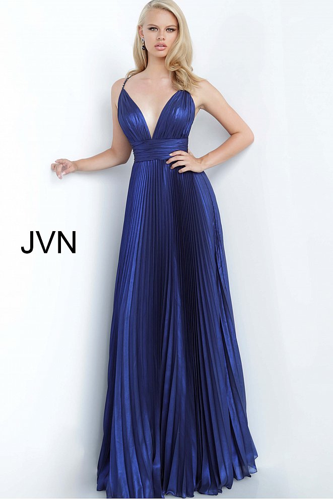 JVN 03061 is a long Iridescent Pleated maxi prom dress with a v neckline and embellished spaghetti straps and an open back with detailed crossing strap patterns.