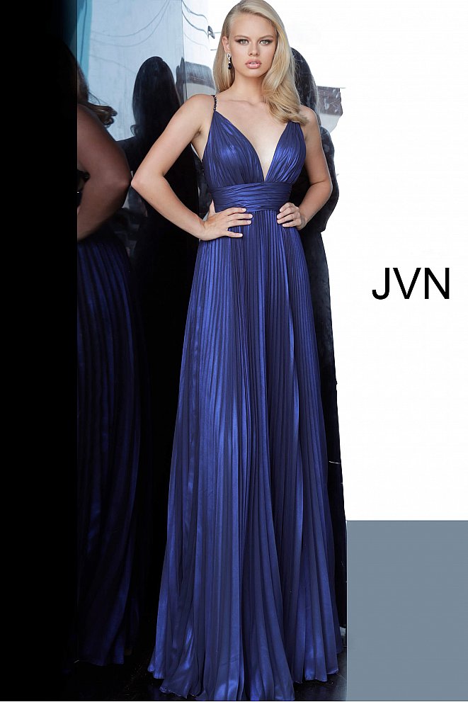 JVN03061 is a long Iridescent Pleated maxi prom dress with a v neckline and embellished spaghetti straps and an open back with detailed crossing strap patterns.