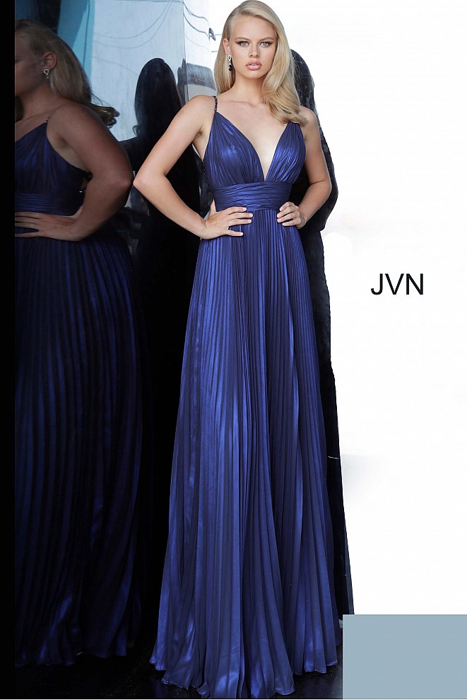 JVN 03061 is a long Iridescent Pleated maxi prom dress with a v neckline and embellished spaghetti straps and an open back with detailed crossing strap patterns.