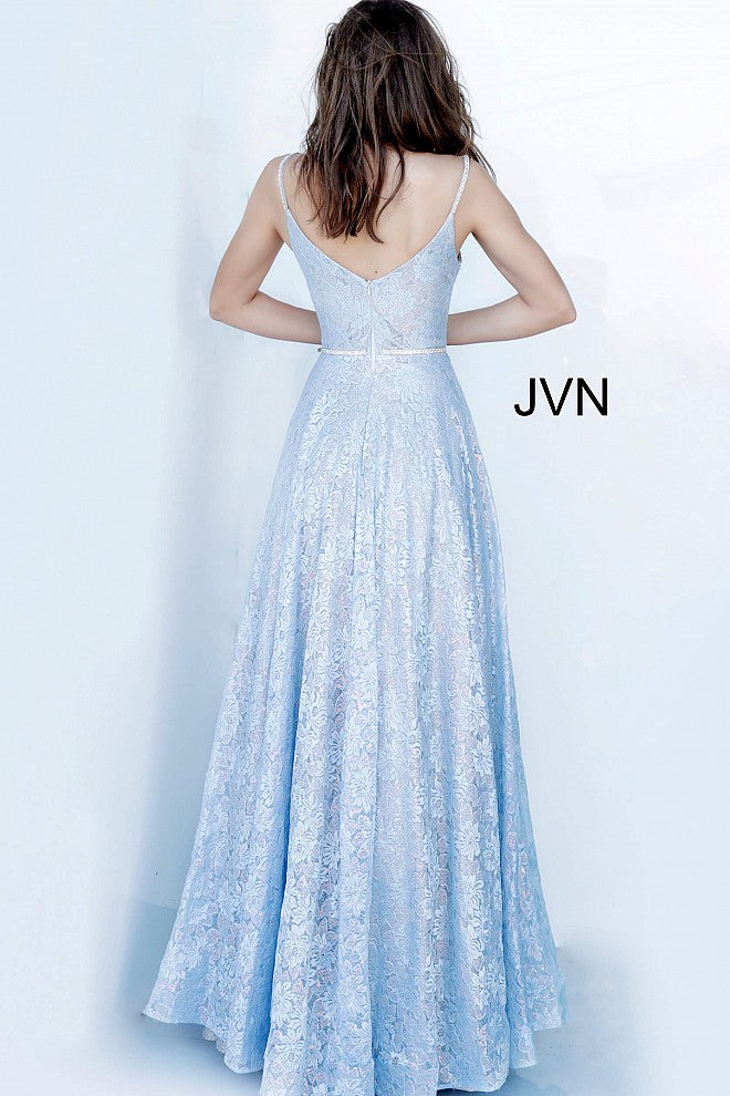 JVN03111 Long metallic lace prom dress with iridescent shimmer floral pattern plunging neckline sheer panel embellished spaghetti straps high v back with zipper and crystal belt attached