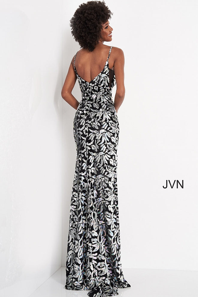 Jovani JVN04072 Size 10 Long Fitted Black Sequin Velvet Prom Dress Slit Sheer Panel V Neck