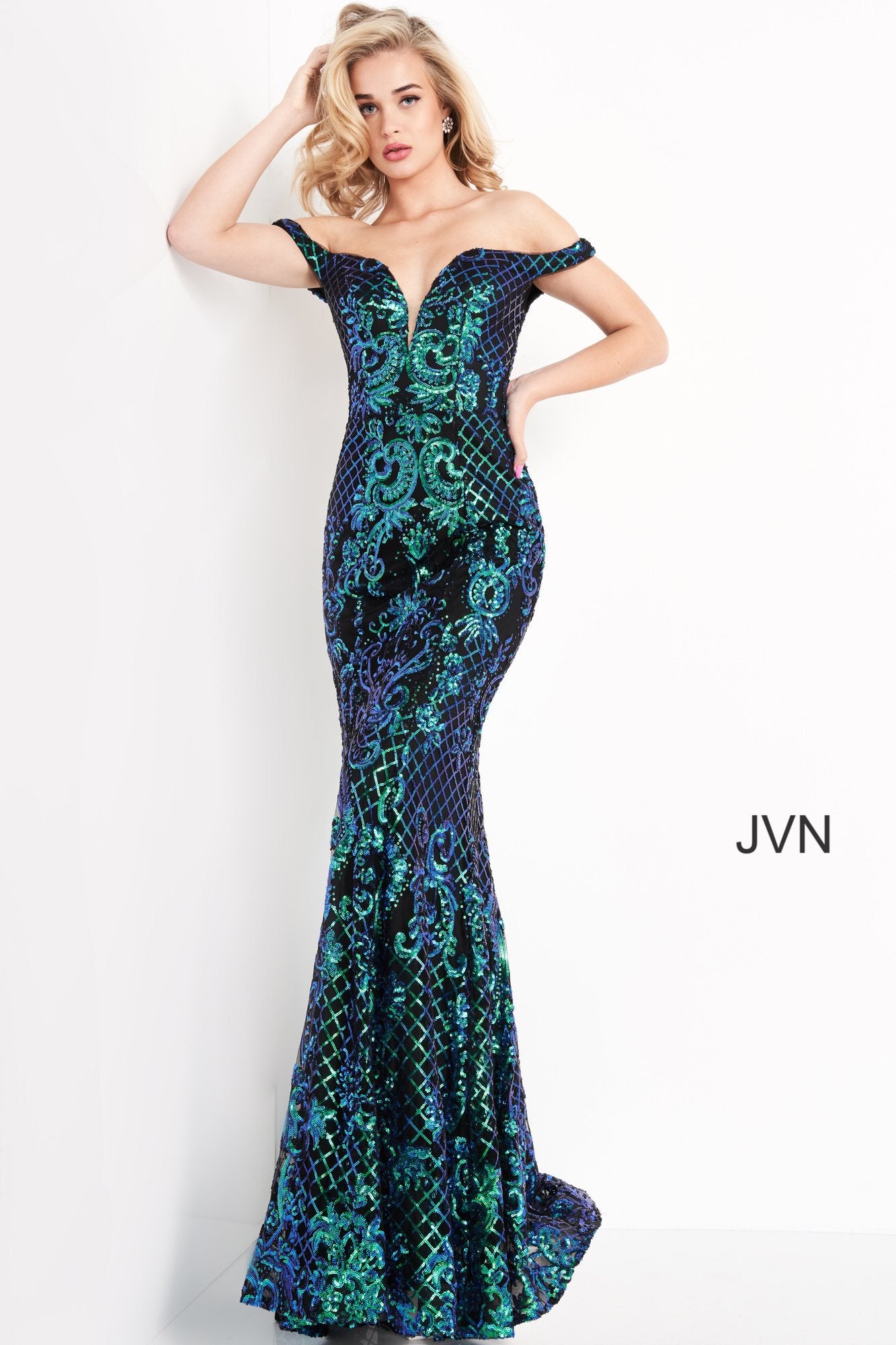 Jovani JVN04515 is an over the top 2021 Prom Formal Wear Style! This Glamorous Pageant Gown Features off the shoulder straps with a Plunging V Neckline. Fitted Mermaid Silhouette Cascades into a subtle lush trumpet skirt. Elaborate Multi Color Sequin Pattern form a damask print and add a Glamorous appeal. This gown is for those who want to be seen! Great for Plus Size! Great sexy wedding reception dress in ivory! JVN 04515  Ivory  Size 8