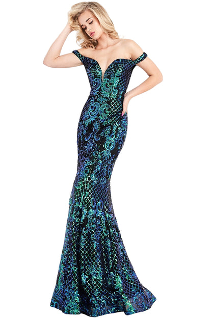 Jovani JVN04515 is an over the top 2021 Prom Formal Wear Style! This Glamorous Pageant Gown Features off the shoulder straps with a Plunging V Neckline. Fitted Mermaid Silhouette Cascades into a subtle lush trumpet skirt. Elaborate Multi Color Sequin Pattern form a damask print and add a Glamorous appeal. This gown is for those who want to be seen! Great for Plus Size! Great sexy wedding reception dress in ivory! JVN 04515