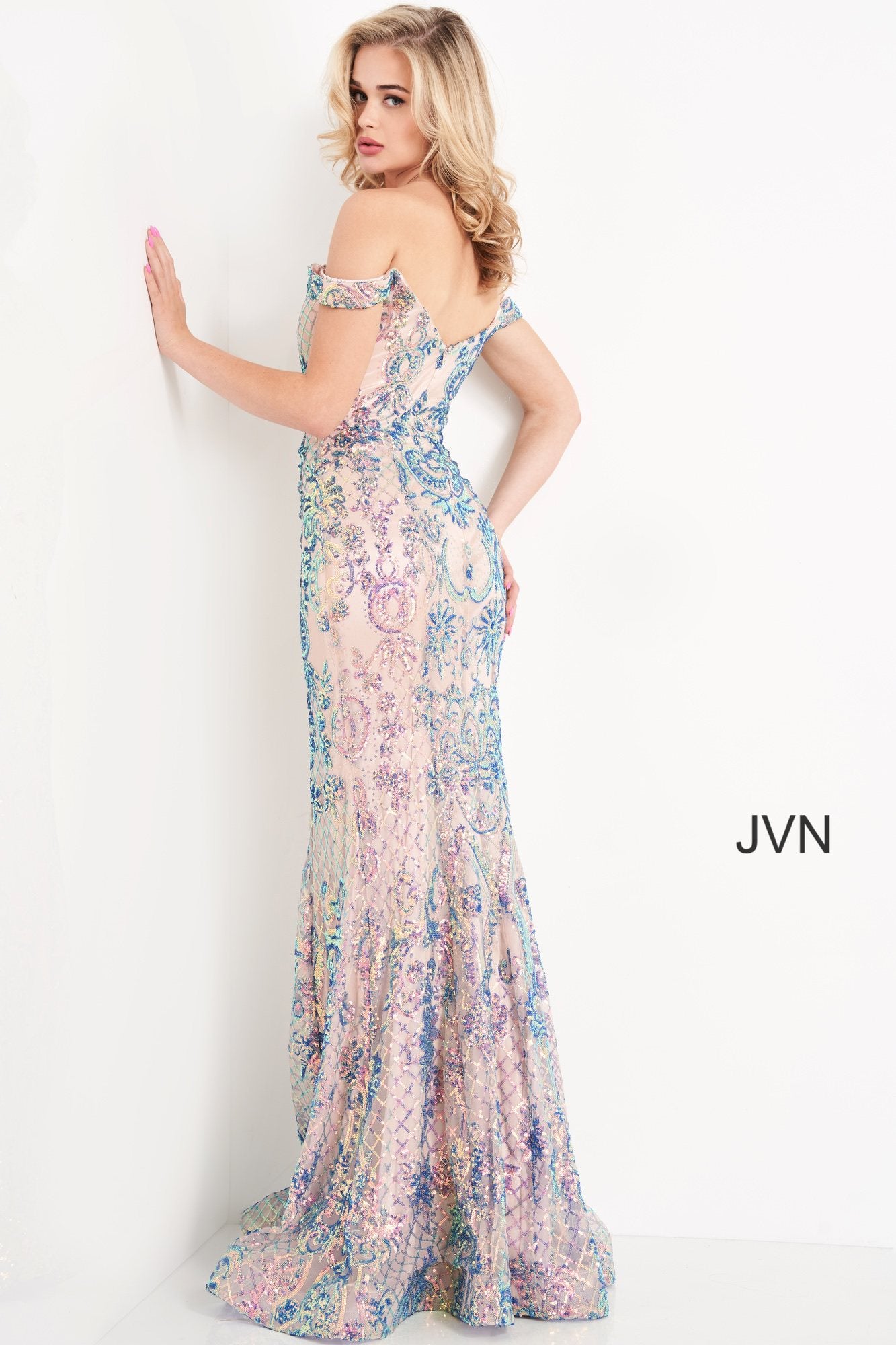 Jovani JVN04515 is an over the top 2021 Prom Formal Wear Style! This Glamorous Pageant Gown Features off the shoulder straps with a Plunging V Neckline. Fitted Mermaid Silhouette Cascades into a subtle lush trumpet skirt. Elaborate Multi Color Sequin Pattern form a damask print and add a Glamorous appeal. This gown is for those who want to be seen! Great for Plus Size! Great sexy wedding reception dress in ivory! JVN 04515  Ivory  Size 8