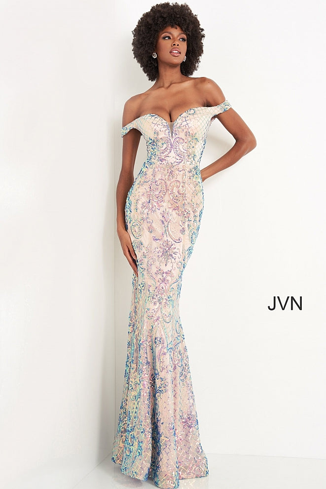Jovani JVN04515 is an over the top 2021 Prom Formal Wear Style! This Glamorous Pageant Gown Features off the shoulder straps with a Plunging V Neckline. Fitted Mermaid Silhouette Cascades into a subtle lush trumpet skirt. Elaborate Multi Color Sequin Pattern form a damask print and add a Glamorous appeal. This gown is for those who want to be seen! Great for Plus Size! Great sexy wedding reception dress in ivory! JVN 04515