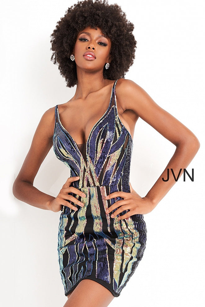 Jovani JVN04548 V neckline fitted sequins short cocktail dress with sheer back and sheer cutouts on the sides  Available colors:  Multi  Available sizes:  00-24 