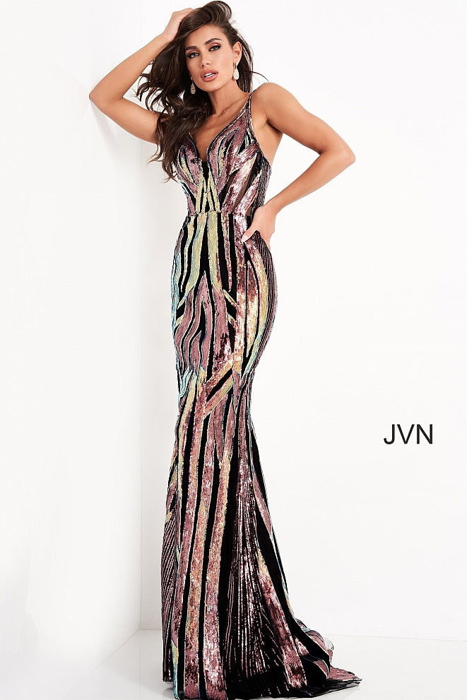 JVN04549 multi prom dress features a fitted silhouette in geometric sequins, with a notched V-neckline, semi-open back, and spaghetti straps. This form-fitting gown has a sweep train. Color Multi  Sizes 00, 0, 2, 4, 6, 8, 10, 12, 14, 16, 18, 20, 22, 24  JVN by Jovani 04549