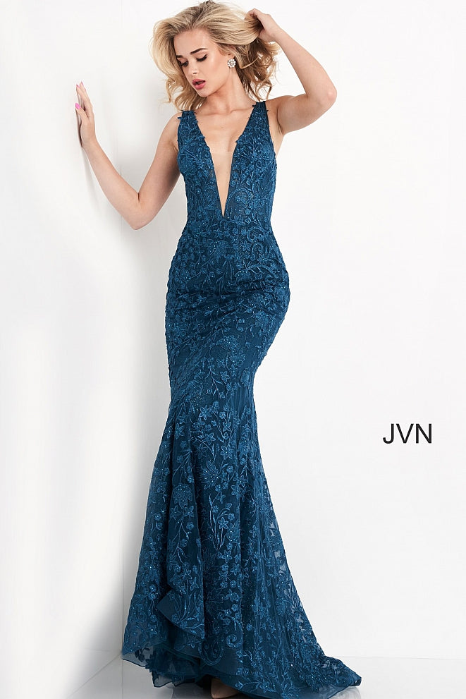 JVN04591 plunging v neckline embellished lace long mermaid prom dress evening gown pageant dress with sweeping train Colors  Red, Rose, Royal Teal  Sizes  00, 0, 2, 4, 6, 8, 10, 12, 14, 16, 18, 20, 22, 24  JVN by Jovani 04591 