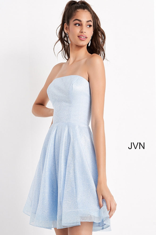 Jovani JVN04640 is a short Fit & Flare Formal Cocktail Homecoming dress. Featuring a shimmering glitter fabric for a glam look. strapless straight neckline with zip up back. Lush flared skirt adds a shimmer any way you move. Great for formal & semi formal events! JVN 04640 Available Sizes: 00,0,2,4,6,8,10,12,14,16,18,20,22,24  Available Colors: Blue, Pink Glass Slipper Formals