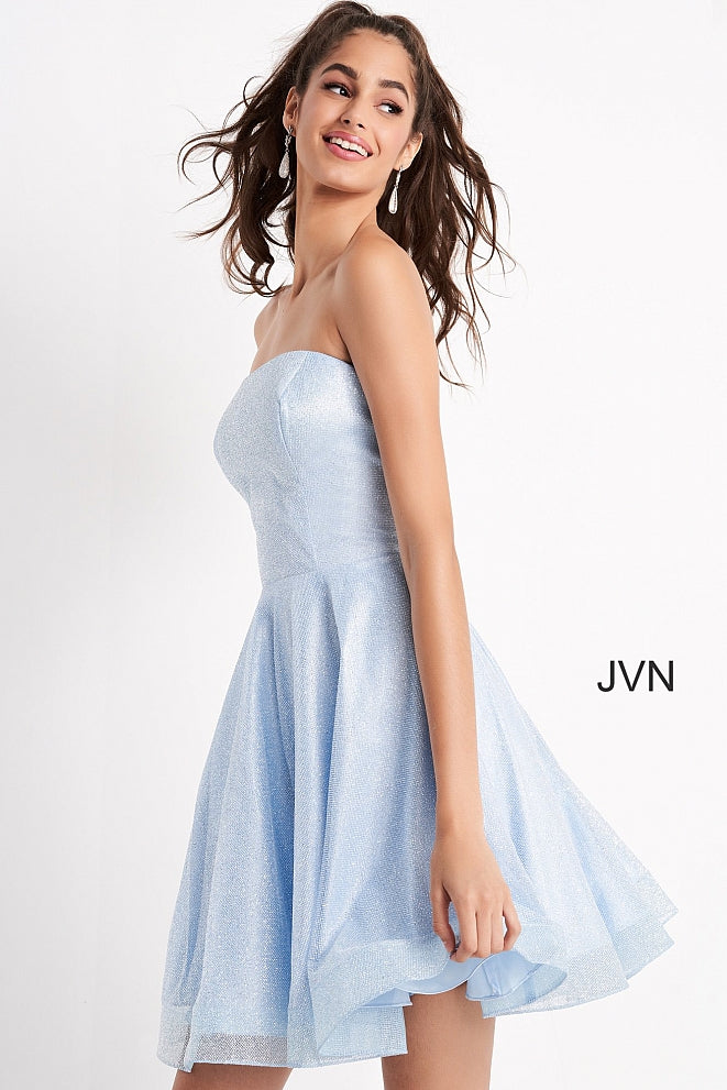 Jovani JVN04640 is a short Fit & Flare Formal Cocktail Homecoming dress. Featuring a shimmering glitter fabric for a glam look. strapless straight neckline with zip up back. Lush flared skirt adds a shimmer any way you move. Great for formal & semi formal events! JVN 04640 Available Sizes: 00,0,2,4,6,8,10,12,14,16,18,20,22,24  Available Colors: Blue, Pink Glass Slipper Formals