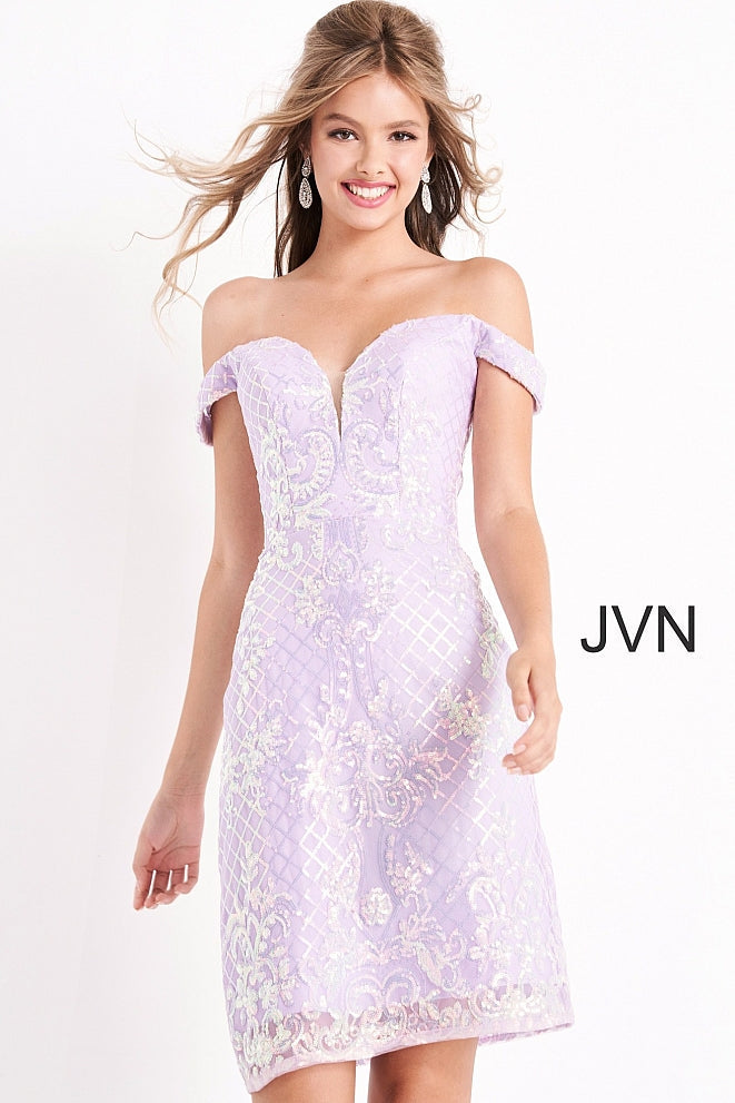 Jovani JVN05251 Size 10 Lilac Short Fitted Sequin off the shoulder Cocktail Dress
