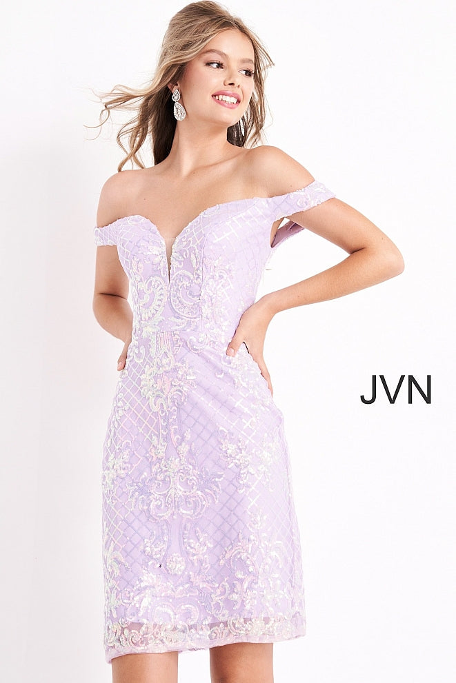 Jovani JVN05251 Size 10 Lilac Short Fitted Sequin off the shoulder Cocktail Dress