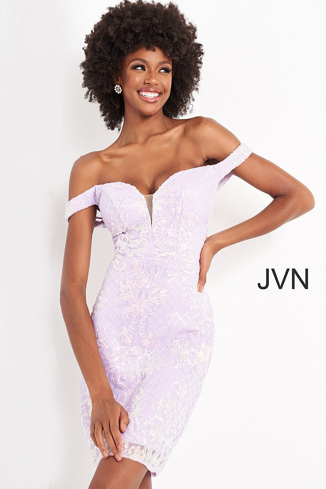 Jovani JVN05251 Size 2 Black Multi Short Fitted Sequin off the shoulder Cocktail Dress JVN 05251