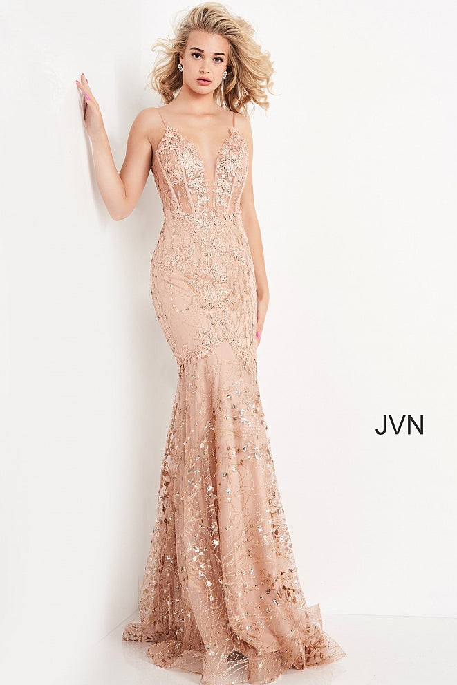 JVN05788 plunging v neckline with mesh panel sheer corset bodice with embellished applique lace long mermaid prom dress glitter embellished pageant gown evening dress with sweeping train  Color  Champagne  Sizes  00, 0, 2, 4, 6, 8, 10, 12, 14, 16, 18, 20, 22, 24  JVN by Jovani 05788