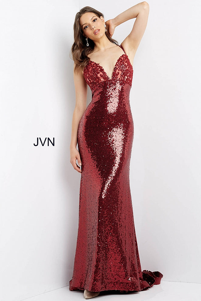 JVN05803-Burgundy-prom-dress-front-sequins-fitted-long-train